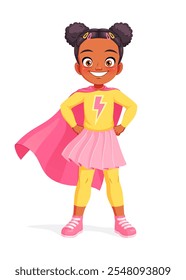 Cute little African American girl pretending to be a superheroine with a pink cape. Cartoon style vector illustration isolated on white background.