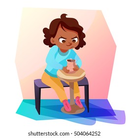 Cute little african american girl sitting and modeling a jug out of clay. Kids hobby cartoon illustration.