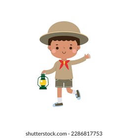 Cute little african american kid holding lamp, boy scout or girl scout honor uniform, kids summer camp, Happy children cartoon flat character isolated vector illustration on white background