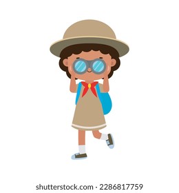 Cute kleine afrikanisch-amerikanische Kinder, die Fernglas halten, Jungen-Scout oder Girl-Pfadfinder-EhrenUniform, Kinder-Sommerlager, Happy-Kinder-Cartoon-Charakter einzeln auf weißem Hintergrund, Vektorgrafik