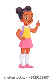 Cute little African American school girl got an idea and index finger pointing up. Cartoon style vector character isolated on white background.