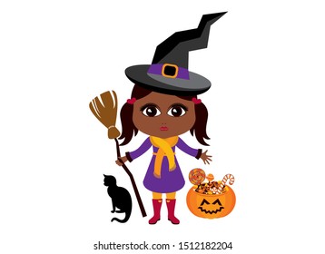 Cute little African American witch halloween costume vector. Little witch vector. Witch with broom icon. Cute African American little girl in halloween witch costume. Afro american halloween baby girl