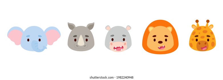 Cute little african animals heads set. Collection funny animals characters for kids cards, baby shower, birthday invitation, house interior. Bright colored childish vector illustration.