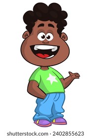 Cute little african or arab boy waving and smiling. Vector cartoon  
illustration of a teenager in casual street clothes presenting.