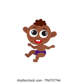 Cute little african baby boy isolated on white. Vector illustration of happy adorable infant in diaper used for magazine, book, poster, greeting card.