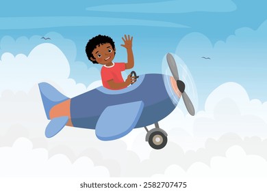 Cute little African boy flying an airplane in the blue sky