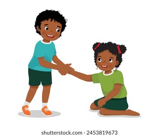 Cute little African boy helping his friend who has fell down to stand up 