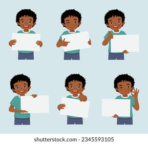 Cute little African boy holding blank poster in various facial expressions and hand gestures, include like, thumb up, finger pointing