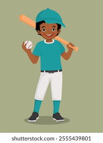 Cute little African boy holding baseball bat and ball going to play baseball