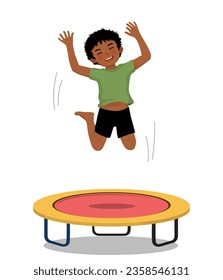 Cute little African boy jumping on a trampoline having fun playing outdoor sport activity