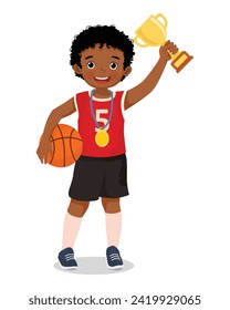 Cute little African boy with medal holding gold cup winning basketball game