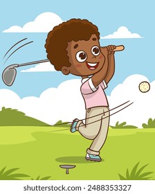 
Cute little African boy playing golf ready to hit ball aiming at the hole