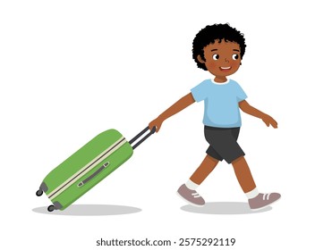Cute little African boy pulling suitcase go for traveling on summer vacation