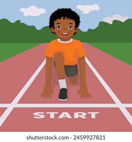 Cute little African boy ready to run on starting position at race track