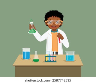 Cute little African boy scientist with safety goggles holding chemical liquid in flasks doing science project chemistry experiment in the laboratory