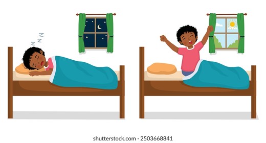 Pequeño niño africano lindo que duerme en la cama por la noche y se despierta por la mañana