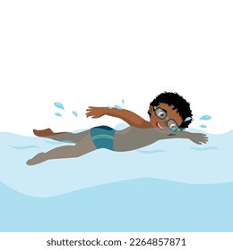 cute little African boy wear googles enjoying swimming in a pool