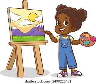 Cute little African girl artist holding color palette and paintbrush painting on the canvas