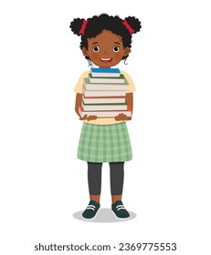 Cute little African girl carrying pile of books