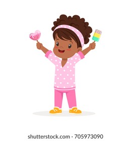 Cute little african girl character feeling happy with her ice cream cartoon vector Illustration