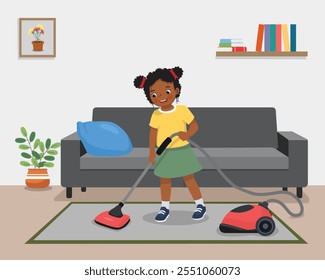 Cute little African girl cleaning carpet with vacuum cleaner at the living room