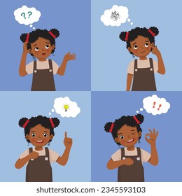 Cute little African girl with different thinking process from asking questions, confused, searching for ideas, got an idea, finding solution
