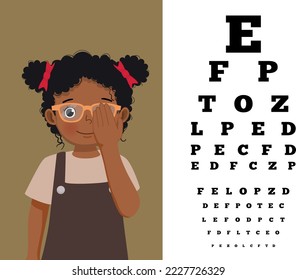 Cute little African girl with eyeglasses cover her eye having vision test reading block letters at ophthalmologist office