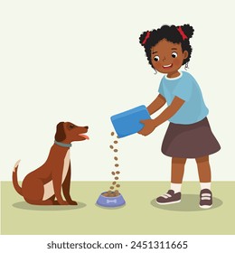 Cute little African girl feeding his dog pet with animal food