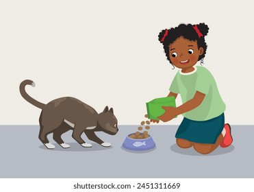 Cute little African girl feeding her pet cat with animal food at home