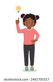 Cute little African girl got an idea pointing finger up with bulb light