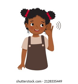 cute little African girl with hearing problem try listening attentively by putting her hand to ear