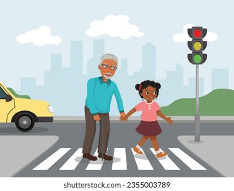 Cute little African girl help elderly grandfather crossing street at the pedestrian traffic