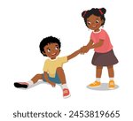 Cute little African girl helping her friend who has fell down to stand up 