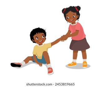 Cute little African girl helping her friend who has fell down to stand up 