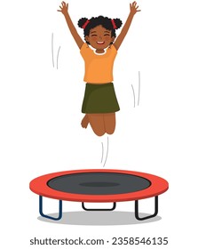 Cute little African girl jumping on a trampoline having fun playing outdoor sport activity