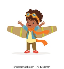 Cute little african girl in pilot costume playing with wings, kid dreaming of piloting the plane vector Illustration