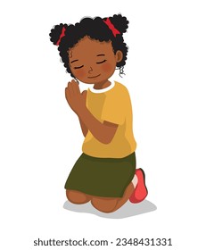 Cute little African girl praying kneeling on her knee