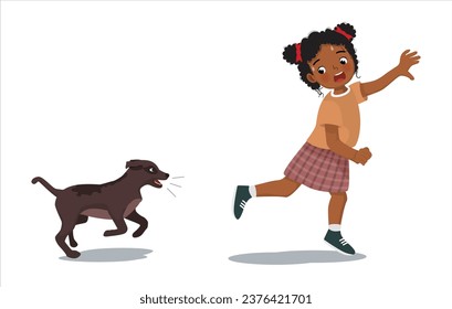 Niña pequeña africana cortada que corre asustada perseguida por el perro ladrador