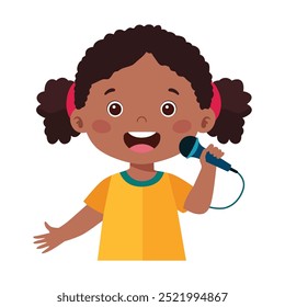 Menina africana bonita cantando uma música com uma ilustração de microfone