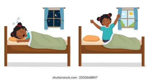 Cute little African girl sleeping in the bed at night and wake up in the morning