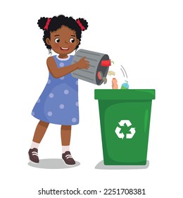 cute little African girl taking out the trash  into recycling bin doing daily routine housework chores at home