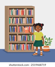 Menina africana bonita levando um livro da estante na biblioteca