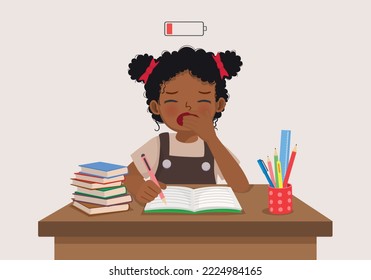 cute little African girl yawning feeling sleepy while studying doing homework on the desk