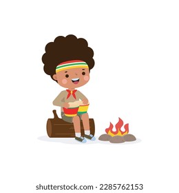 Cute little african kid playing bongo drums, boy scout or girl scout sitting on a log by the campfire, Happy kids summer camp cartoon flat character isolated vector illustration on white background
