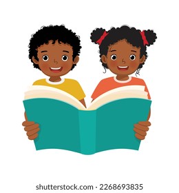 Cute little African kids boy and girl holding big book reading together