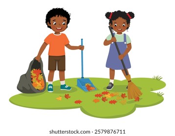  Cute little African kids boy and girl raking fallen autumn leaves into plastic bag cleaning up in the garden 