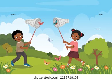 Cute little African kids catching butterflies with net at the garden in the spring season