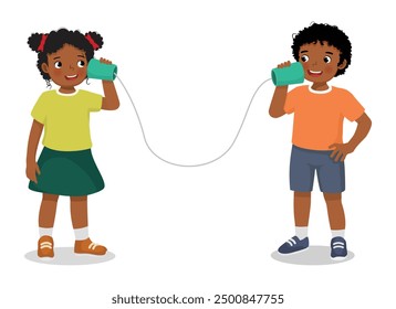 cute little African kids playing handcrafted wired string telephone talking to each others