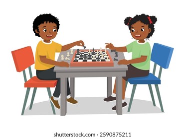 Cute little African kids playing chess board game sitting on the table