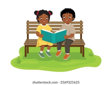 Cute little African kids reading books together sitting on bench in the park